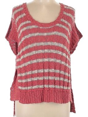 Free People Striped Knit Short Sleeve Sweater - Coral and Cream